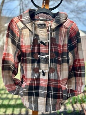 Abercrombie and Fitch Plaid Hooded Toggle Zip Pea Coat Jacket Red Tan & Black